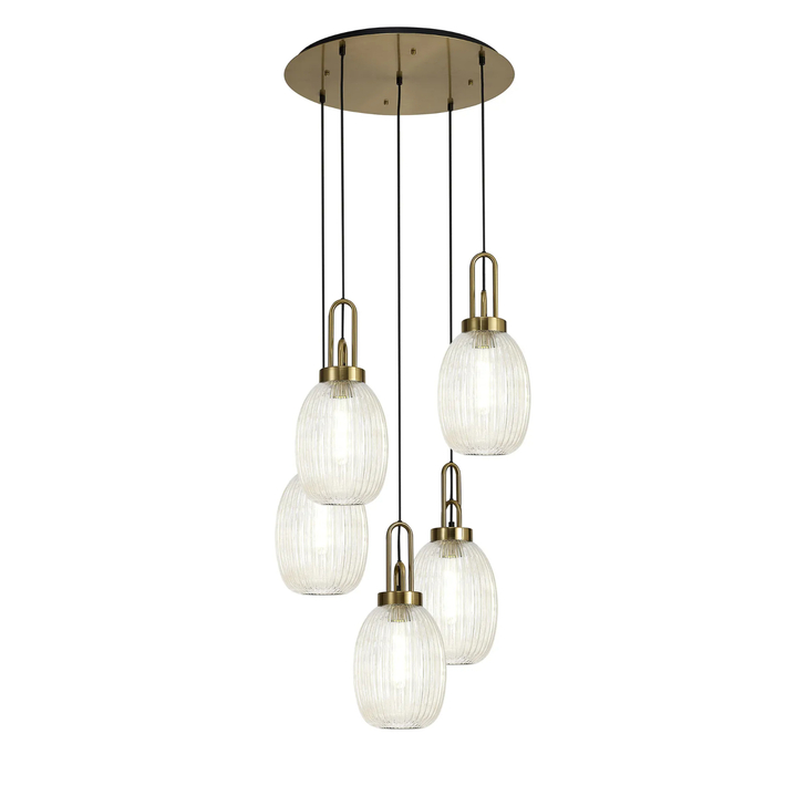 Idolite Camille Round 5 Light Pendant With 20cm Almond Ribbed Glass, Brass Gold/Matt Black Champagne