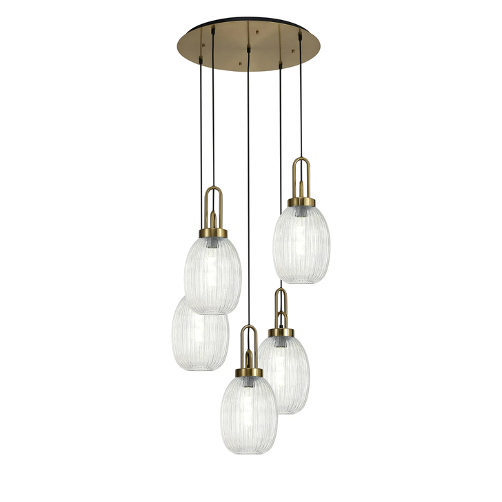 Idolite Camille Round 5 Light Pendant With 20cm Almond Ribbed Glass, Brass Gold/Matt Black Clear