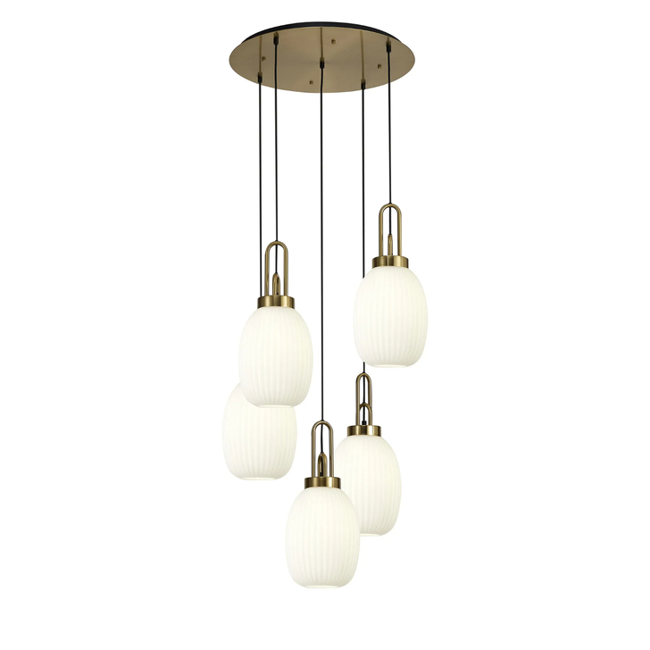 Idolite Camille Round 5 Light Pendant With 20cm Almond Ribbed Glass, Brass Gold/Matt Black Opal