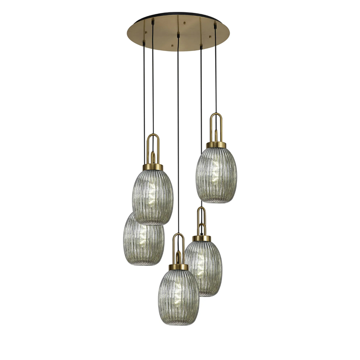 Idolite Camille Round 5 Light Pendant With 20cm Almond Ribbed Glass, Brass Gold/Matt Black Smoked