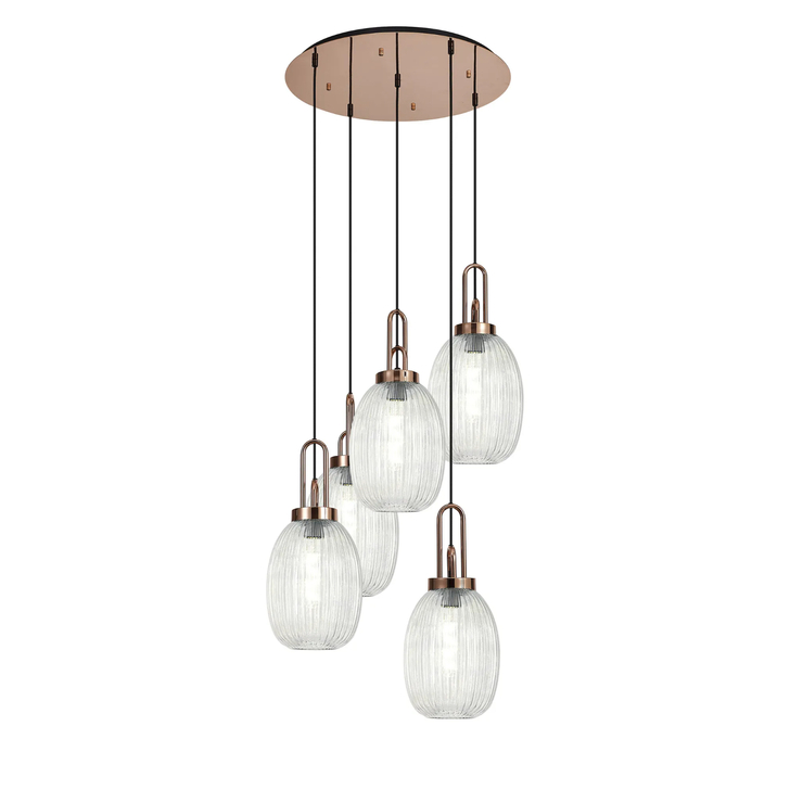 Idolite Camille Round 5 Light Pendant With 20cm Almond Ribbed Glass, Copper/Matt Black Clear