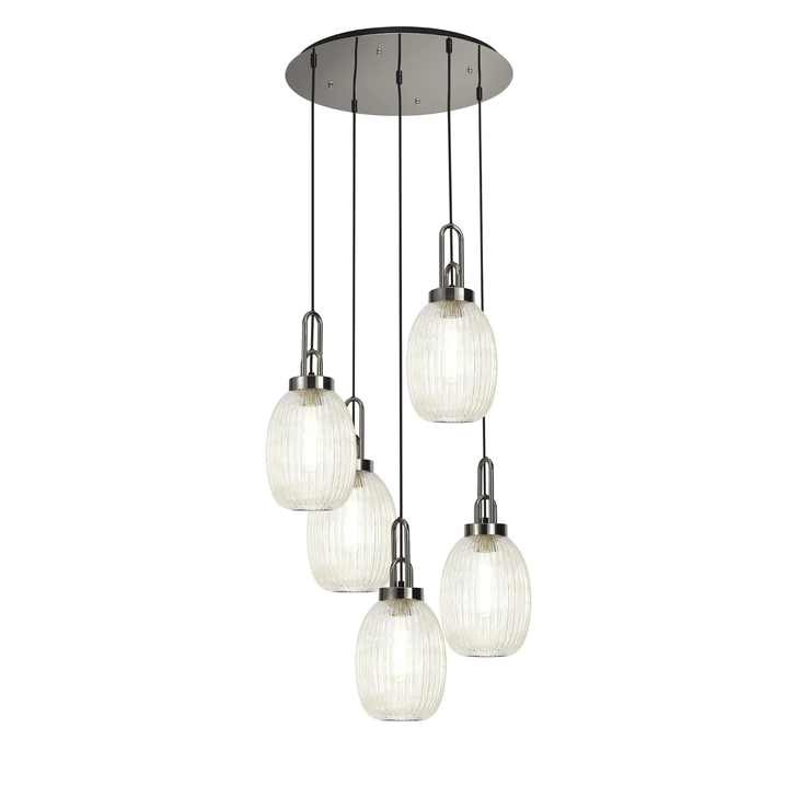 Idolite Camille Round 5 Light Pendant With 20cm Almond Ribbed Glass, Polished Nickel/Matt Black Champagne
