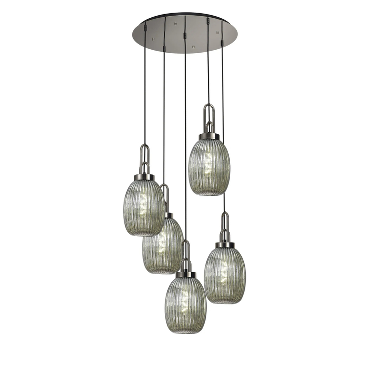 Idolite Camille Round 5 Light Pendant With 20cm Almond Ribbed Glass, Polished Nickel/Matt Black Smoked