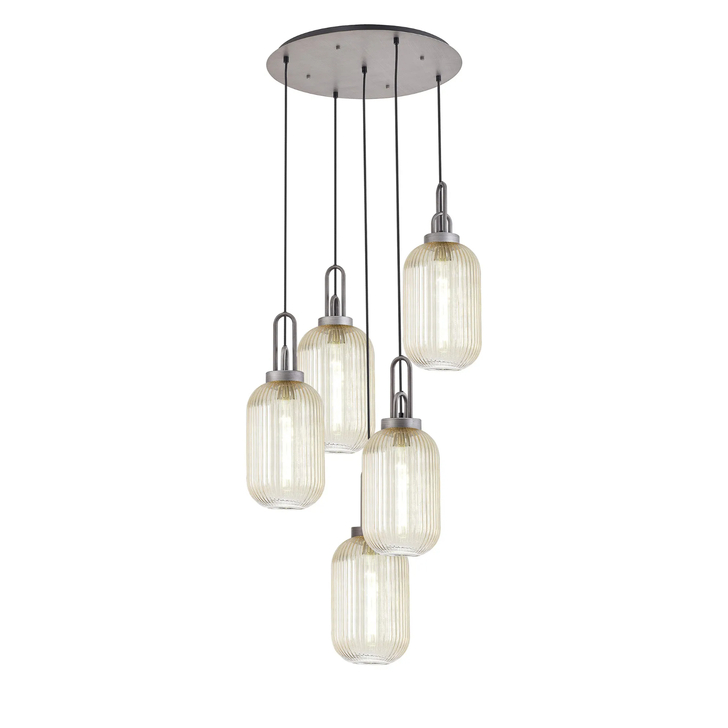 Idolite Camille Round 5 Light Pendant With 20cm Tubular Ribbed Glass, Aged Pewter/Matt Black Champagne