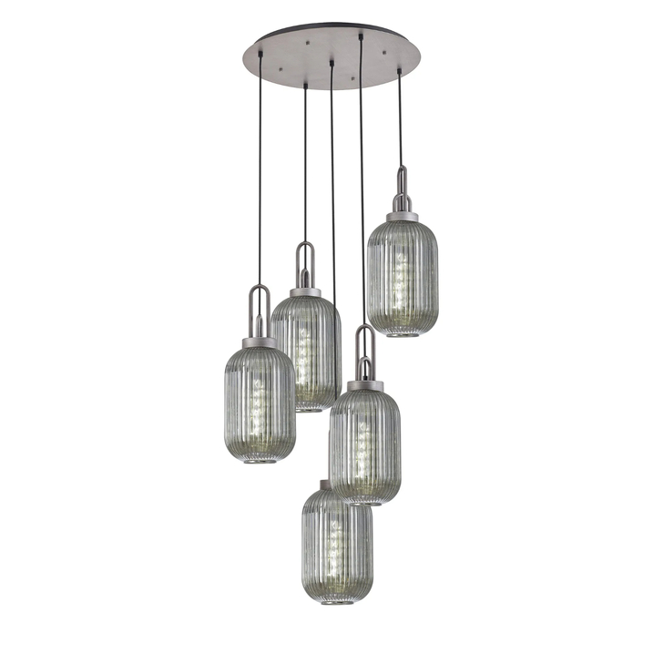 Idolite Camille Round 5 Light Pendant With 20cm Tubular Ribbed Glass, Aged Pewter/Matt Black Smoked