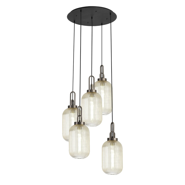 Idolite Camille Round 5 Light Pendant With 20cm Tubular Ribbed Glass, Antique Silver/Matt Black Champagne