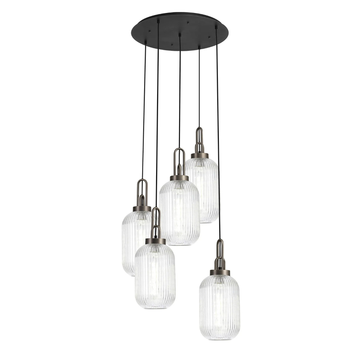 Idolite Camille Round 5 Light Pendant With 20cm Tubular Ribbed Glass, Antique Silver/Matt Black Clear