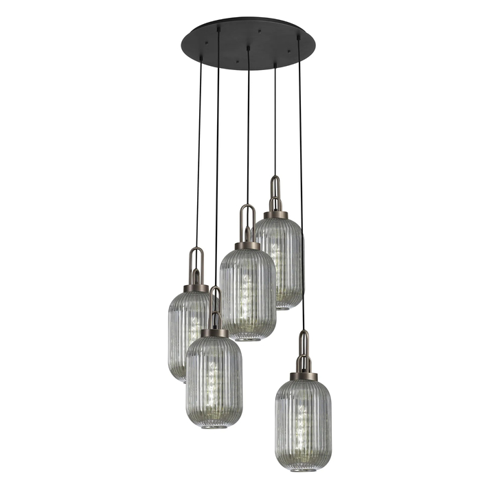 Idolite Camille Round 5 Light Pendant With 20cm Tubular Ribbed Glass, Antique Silver/Matt Black Smoked