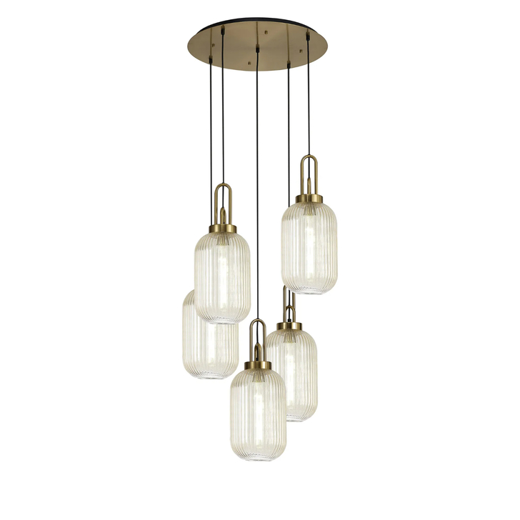 Idolite Camille Round 5 Light Pendant With 20cm Tubular Ribbed Glass, Brass Gold/Matt Black Champagne