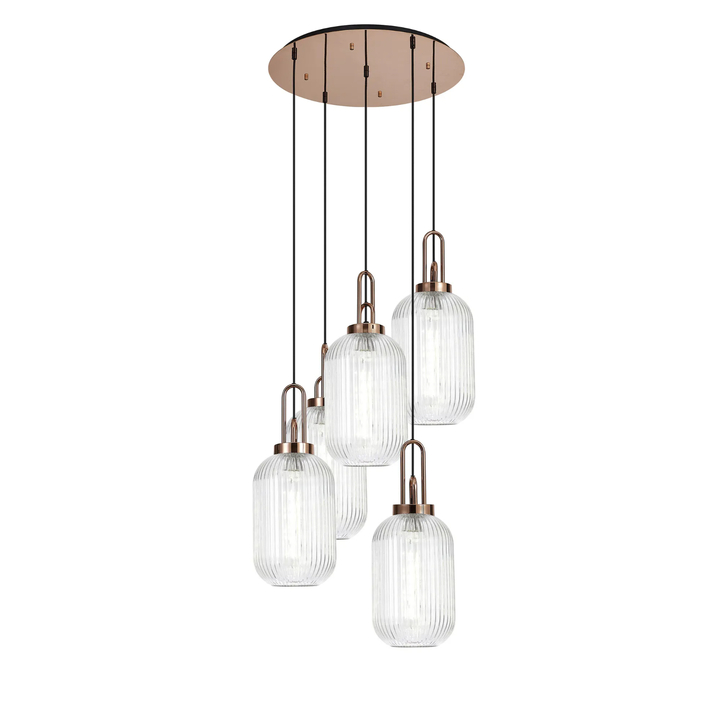 Idolite Camille Round 5 Light Pendant With 20cm Tubular Ribbed Glass, Copper/Matt Black Clear