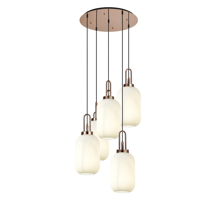 Idolite Camille Round 5 Light Pendant With 20cm Tubular Ribbed Glass, Copper/Matt Black Opal