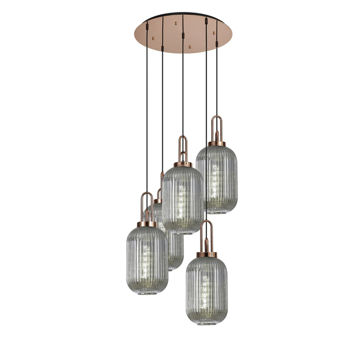Idolite Camille Round 5 Light Pendant With 20cm Tubular Ribbed Glass, Copper/Matt Black Smoked