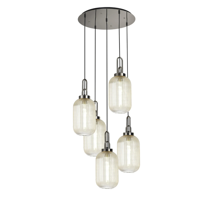Idolite Camille Round 5 Light Pendant With 20cm Tubular Ribbed Glass, Polished Nickel/Matt Black Champagne