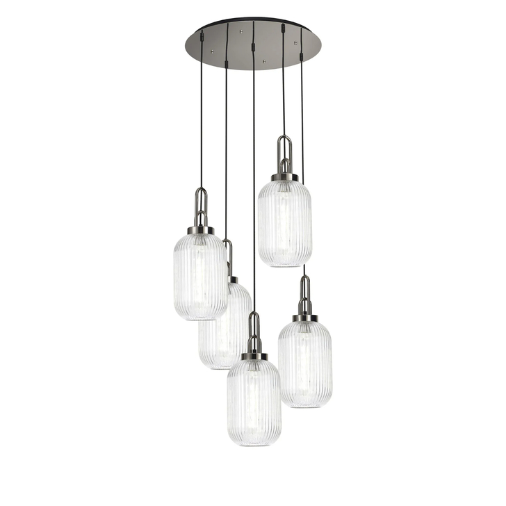 Idolite Camille Round 5 Light Pendant With 20cm Tubular Ribbed Glass, Polished Nickel/Matt Black Clear