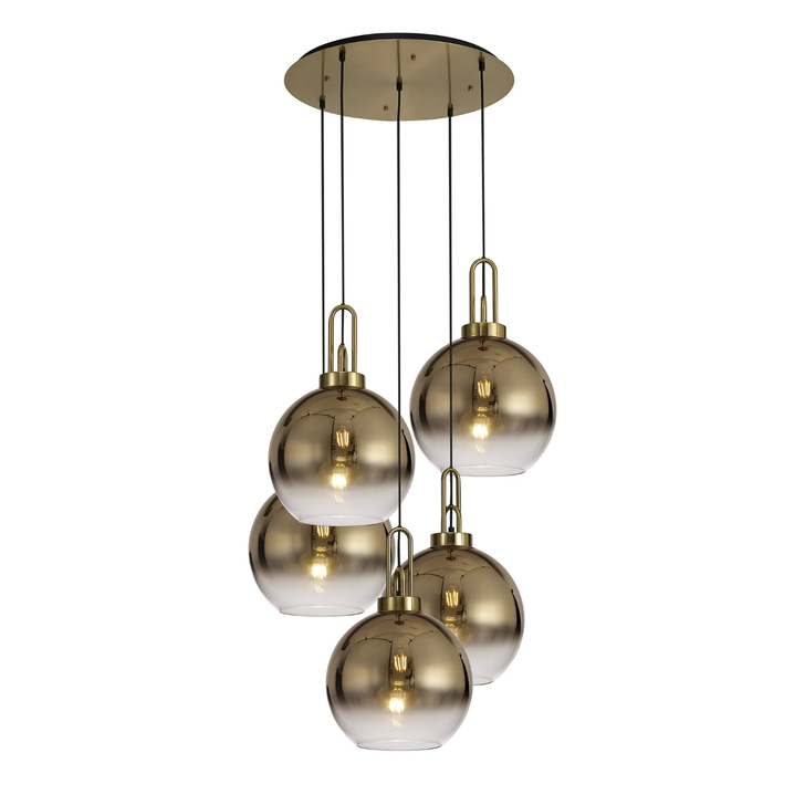 Idolite Camille Round 5 Light Pendant With 30cm Globe Glass, Brass Gold/Matt Black Brass Gold/Clear