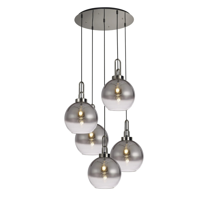 Idolite Camille Round 5 Light Pendant With 30cm Globe Glass, Polished Nickel/Matt Black Smoked/Clear