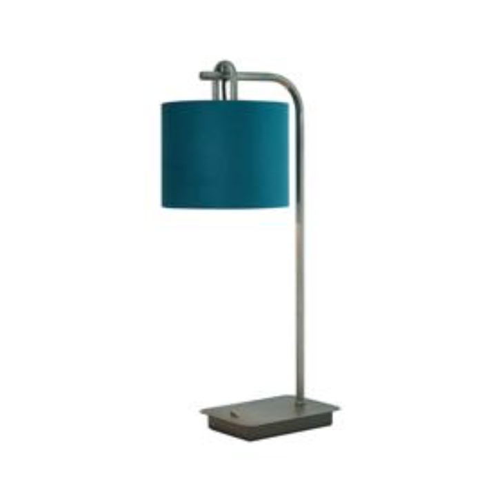 Idolite Camille Table Lamp, 1 Light E27, Aged Pewter/Matt Black/Teal 20x16.5cm Velvet Shade
