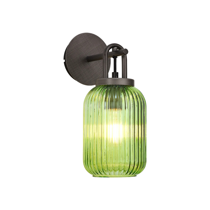 Idolite Camille Wall Light Switched, 1 x E27, Aged Pewter With 14cm Tubular Ribbed Glass, Green