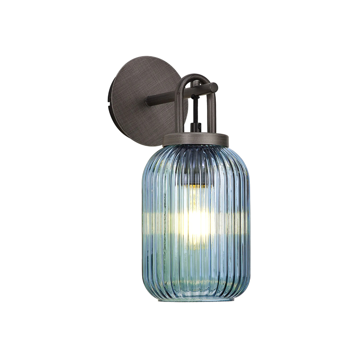 Idolite Camille Wall Light Switched, 1 x E27, Aged Pewter With 14cm Tubular Ribbed Glass, Petrol Blue
