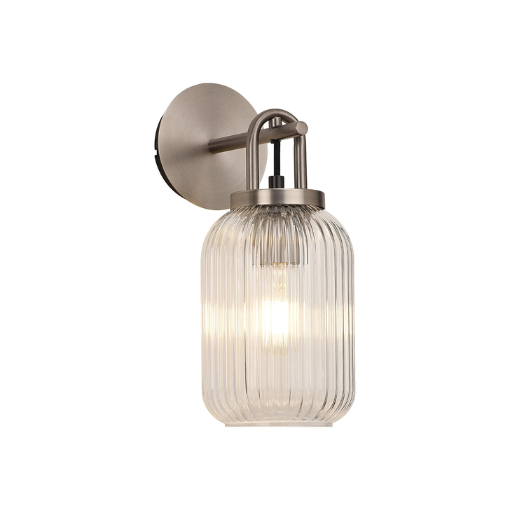 Idolite Camille Wall Light Switched, 1 x E27, Antique Silver With 14cm Tubular Ribbed Glass, Clear