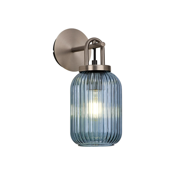 Idolite Camille Wall Light Switched, 1 x E27, Antique Silver With 14cm Tubular Ribbed Glass, Petrol Blue