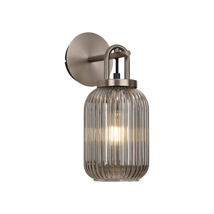 Idolite Camille Wall Light Switched, 1 x E27, Antique Silver With 14cm Tubular Ribbed Glass, Smoked