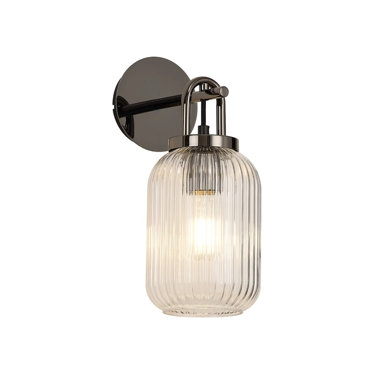 Idolite Camille Wall Light Switched, 1 x E27, Black Chrome With 14cm Tubular Ribbed Glass, Clear