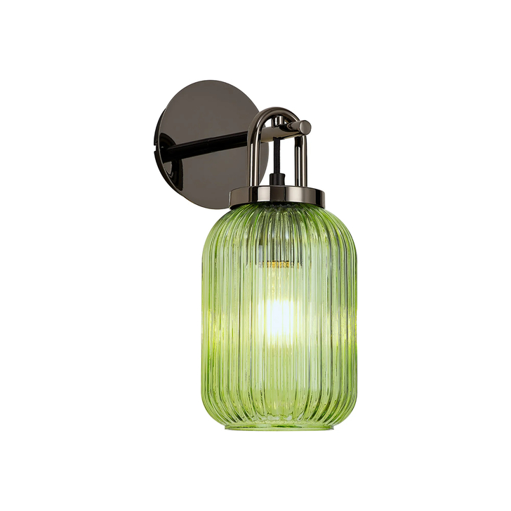 Idolite Camille Wall Light Switched, 1 x E27, Black Chrome With 14cm Tubular Ribbed Glass, Green