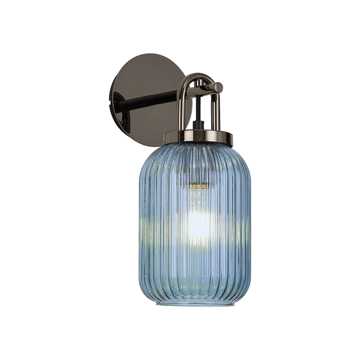 Idolite Camille Wall Light Switched, 1 x E27, Black Chrome With 14cm Tubular Ribbed Glass, Petrol Blue