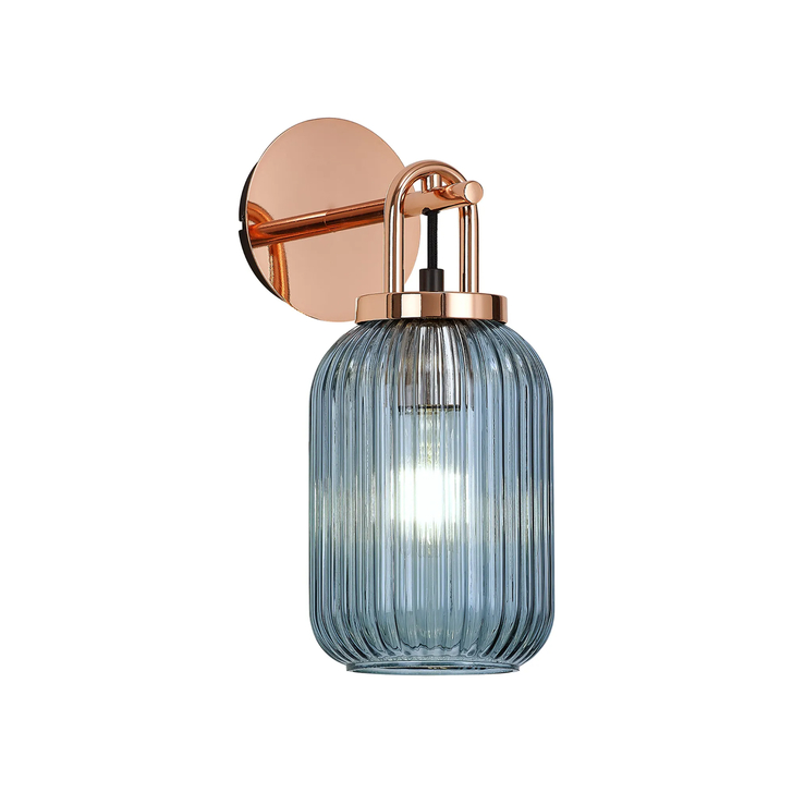 Idolite Camille Wall Light Switched, 1 x E27, Copper With 14cm Tubular Ribbed Glass, Petrol Blue