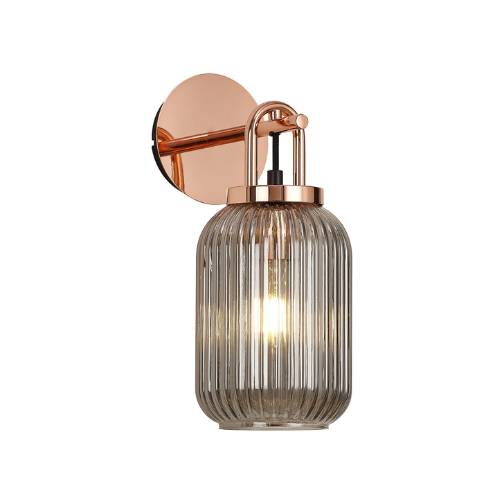 Idolite Camille Wall Light Switched, 1 x E27, Copper With 14cm Tubular Ribbed Glass, Smoked