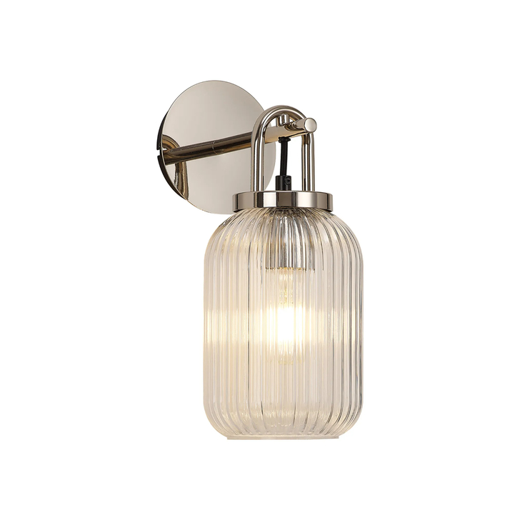 Idolite Camille Wall Light Switched, 1 x E27, Polished Nickel With 14cm Tubular Ribbed Glass, Clear
