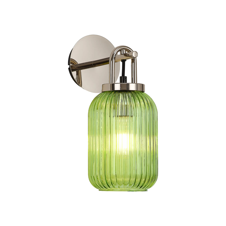 Idolite Camille Wall Light Switched, 1 x E27, Polished Nickel With 14cm Tubular Ribbed Glass, Green