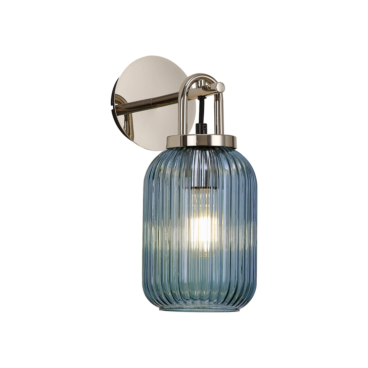 Idolite Camille Wall Light Switched, 1 x E27, Polished Nickel With 14cm Tubular Ribbed Glass, Petrol Blue