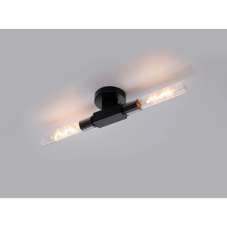 Idolite Carey Satin Black 2 Light Flush Bathroom Ceiling Light With Clear Ribbed Glass Shades - IP44