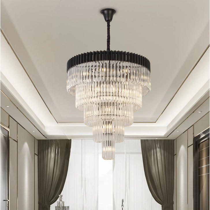 Idolite Carpathian 23 Light 5 Tier Large Round Pendant Chandelier In Black With Clear Glass