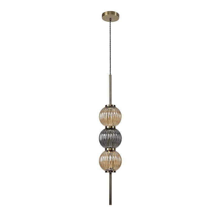 Idolite Cascade Antique Brass Finish 3 Light Pendant With Smoked & Amber Ribbed Glass