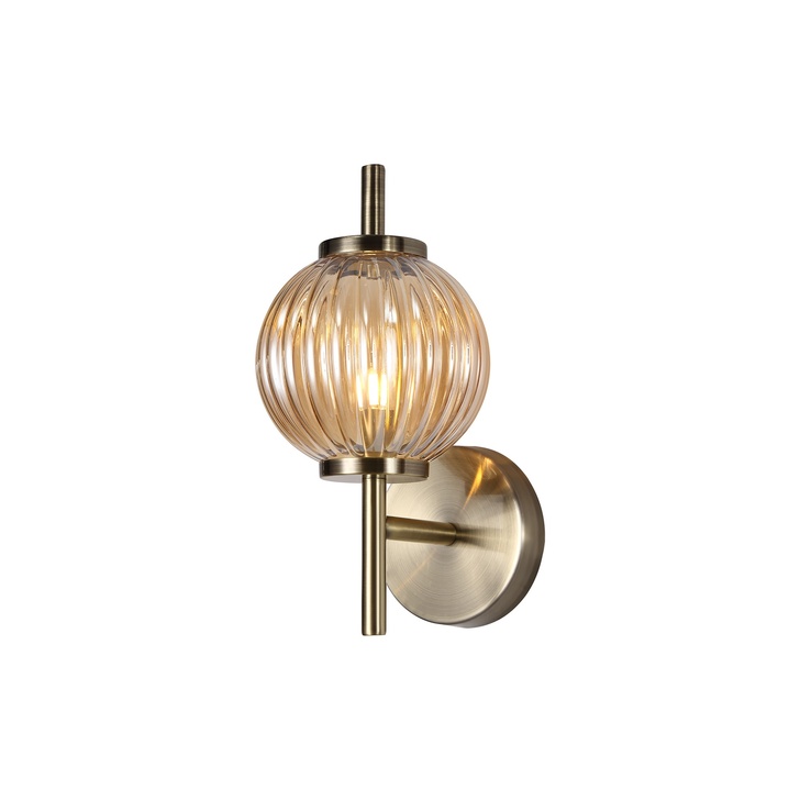 Idolite Cascade Antique Brass Finish Single Wall Light With Ribbed Amber Glass