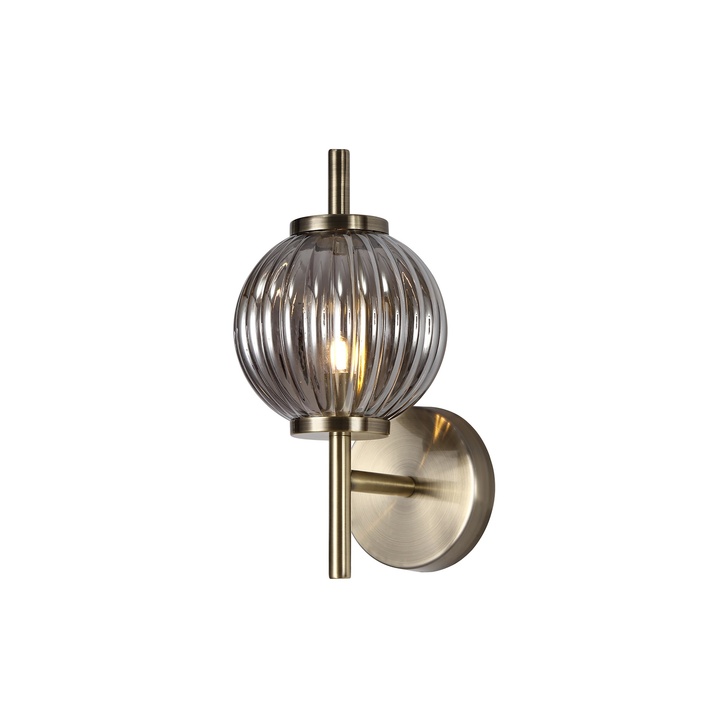 Idolite Cascade Antique Brass Finish Single Wall Light With Ribbed Smoke Glass