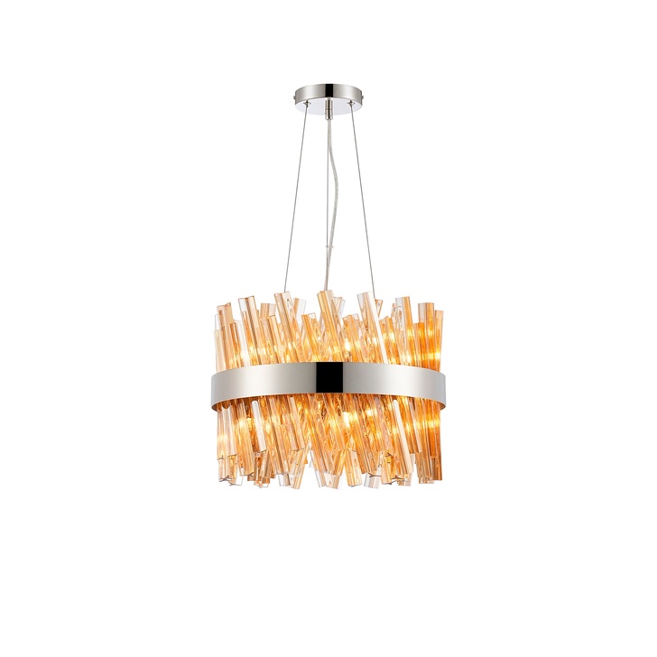 Idolite Caspian 10 Light Round Pendant Polished Nickel With Amber Glass Rods