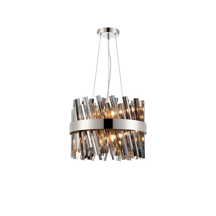 Idolite Caspian 10 Light Round Pendant Polished Nickel With Smoked Glass Rods