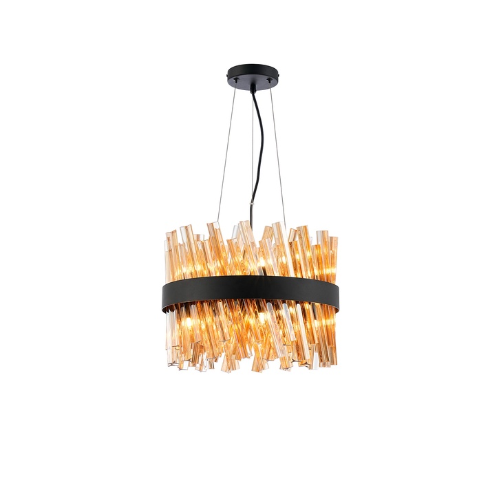 Idolite Caspian 10 Light Round Pendant Satin Black With Amber Glass Rods