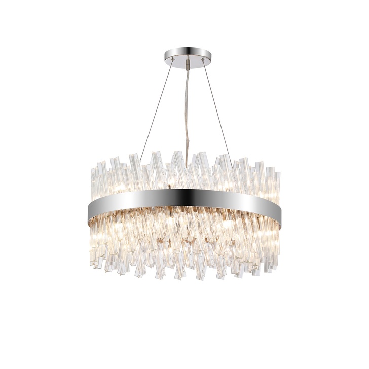 Idolite Caspian 18 Light Round Pendant Polished Nickel With Clear Glass Rods