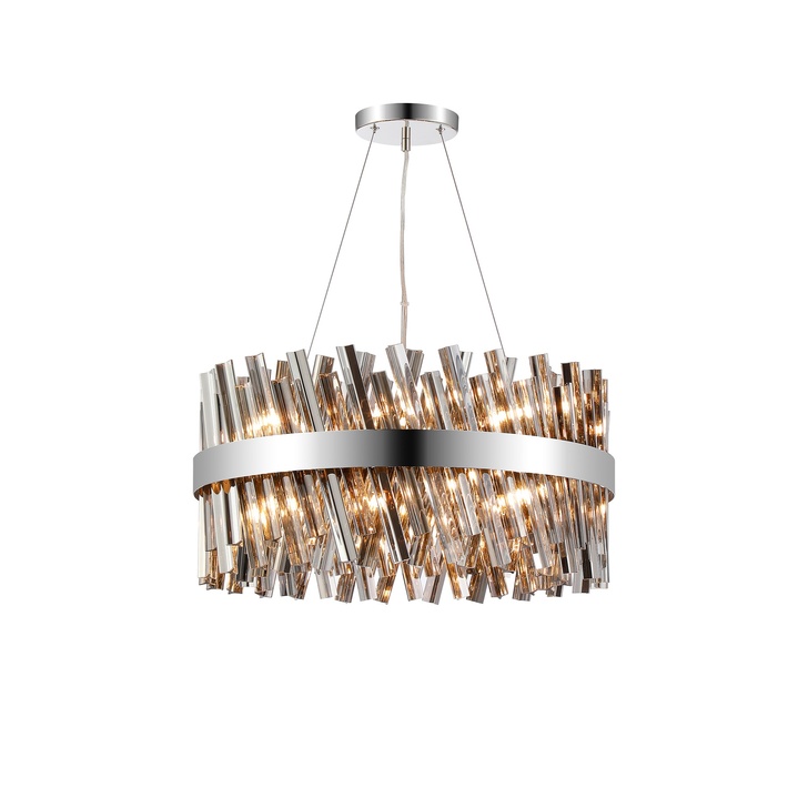 Idolite Caspian 18 Light Round Pendant Polished Nickel With Smoked Glass Rods