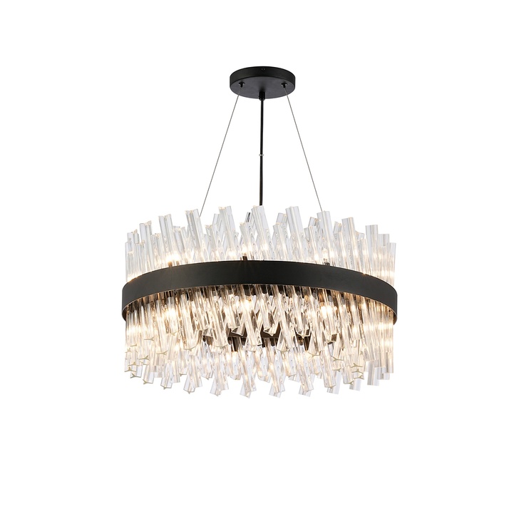 Idolite Caspian 18 Light Round Pendant Satin Black With Clear Glass Rods