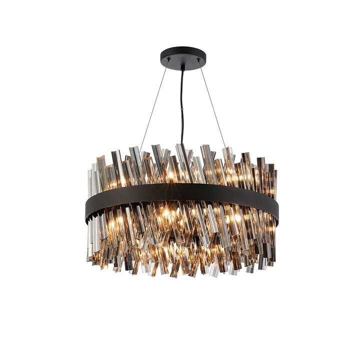 Idolite Caspian 18 Light Round Pendant Satin Black With Smoked Glass Rods