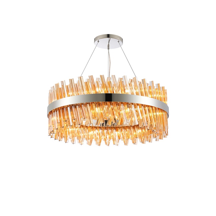 Idolite Caspian 24 Light Round Pendant Polished Nickel With Amber Glass Rods