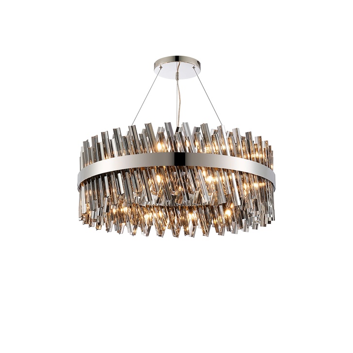 Idolite Caspian 24 Light Round Pendant Polished Nickel With Smoked Glass Rods