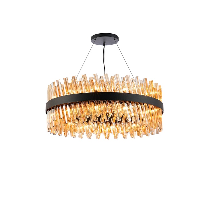 Idolite Caspian 24 Light Round Pendant Satin Black With Amber Glass Rods