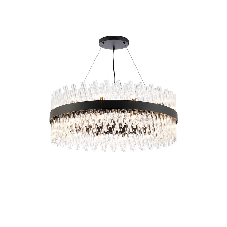 Idolite Caspian 24 Light Round Pendant Satin Black With Clear Glass Rods